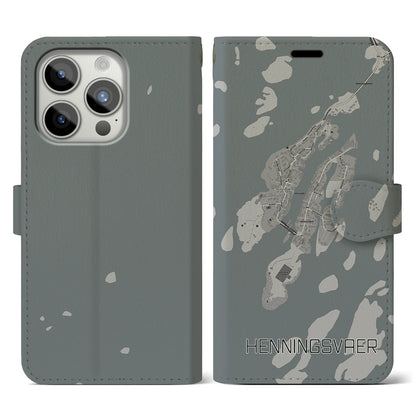 【ヘニングスヴァール（ノルウェー）】地図柄iPhoneケース（手帳タイプ）モノトーン・iPhone 15 Pro 用