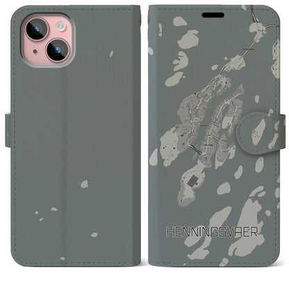 【ヘニングスヴァール（ノルウェー）】地図柄iPhoneケース（手帳タイプ）モノトーン・iPhone 15 Plus 用