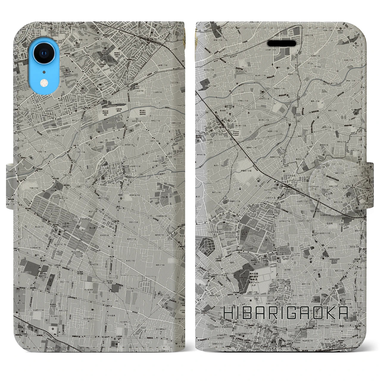 【ひばりヶ丘】地図柄iPhoneケース（手帳両面タイプ・モノトーン）iPhone XR 用
