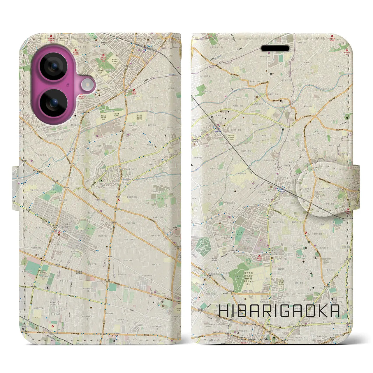 【ひばりヶ丘（東京都）】地図柄iPhoneケース（手帳タイプ）ナチュラル・iPhone 16 Pro 用