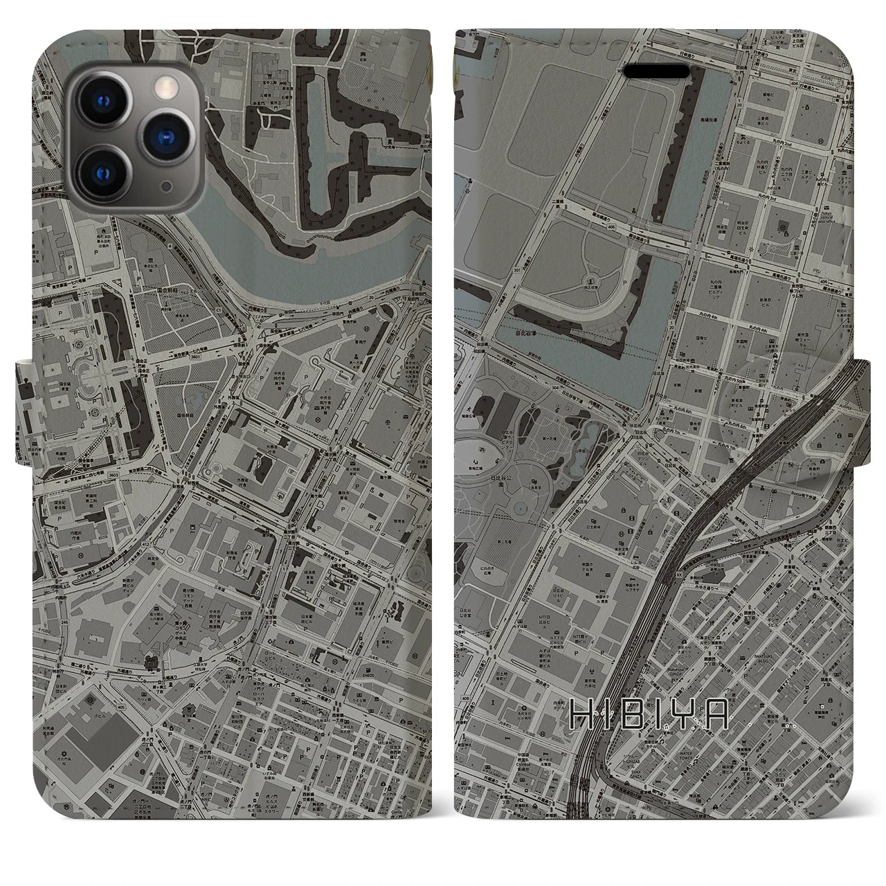 【日比谷】地図柄iPhoneケース（手帳両面タイプ・モノトーン）iPhone 11 Pro Max 用