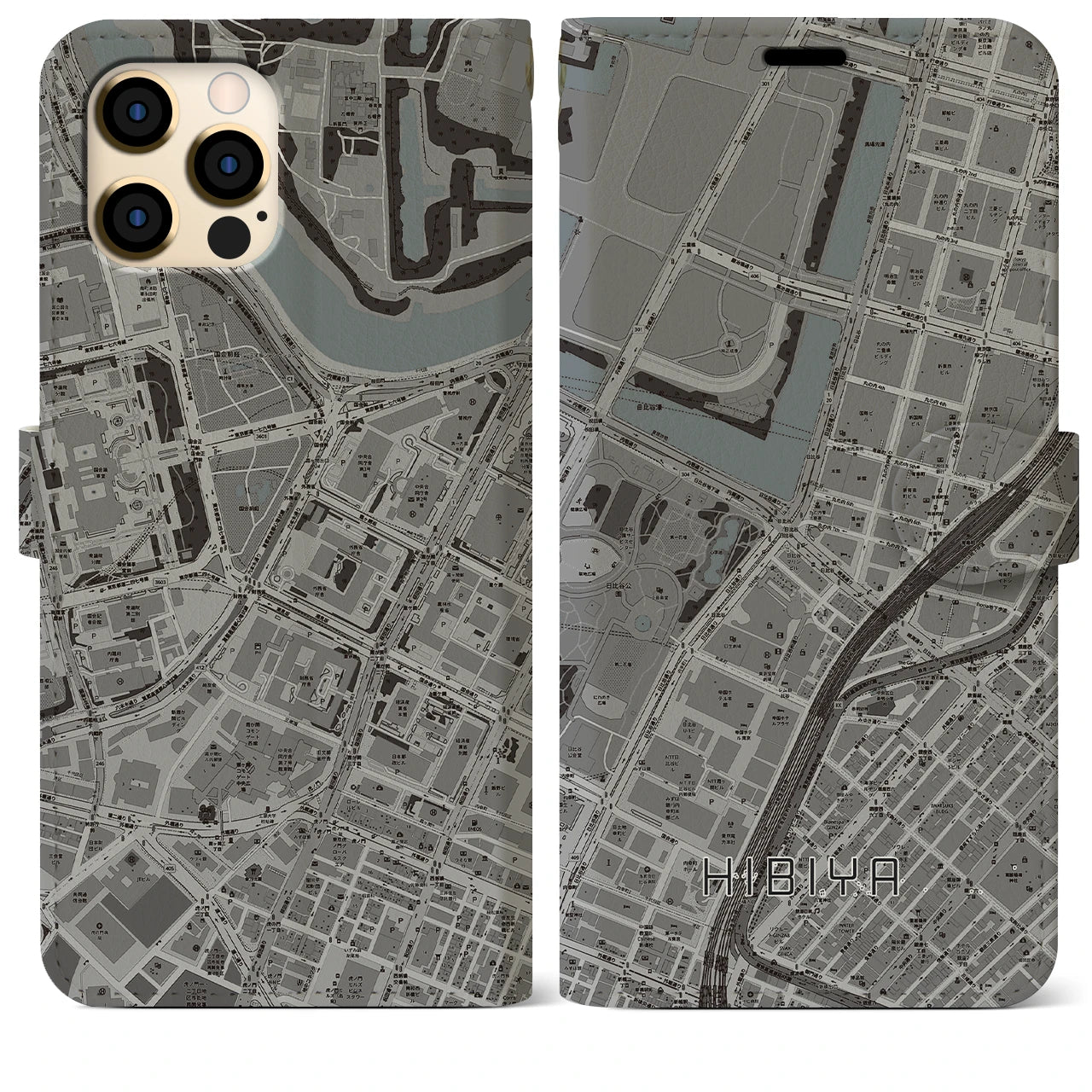 【日比谷】地図柄iPhoneケース（手帳両面タイプ・モノトーン）iPhone 12 Pro Max 用