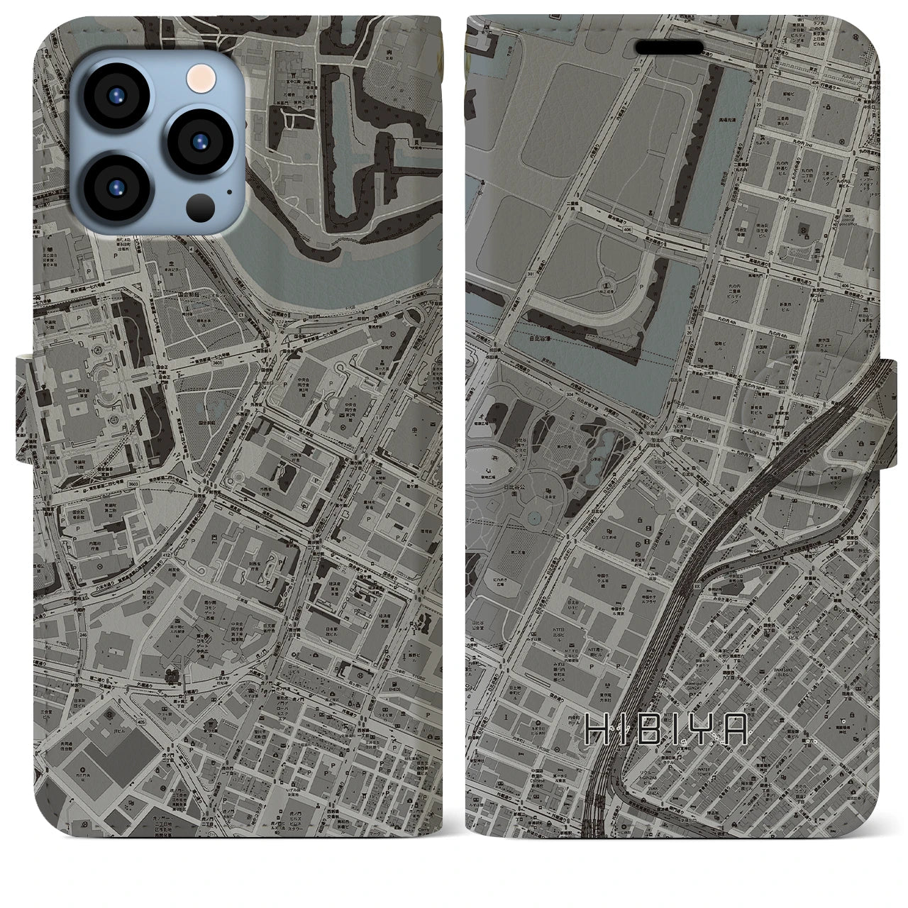 【日比谷】地図柄iPhoneケース（手帳両面タイプ・モノトーン）iPhone 13 Pro Max 用