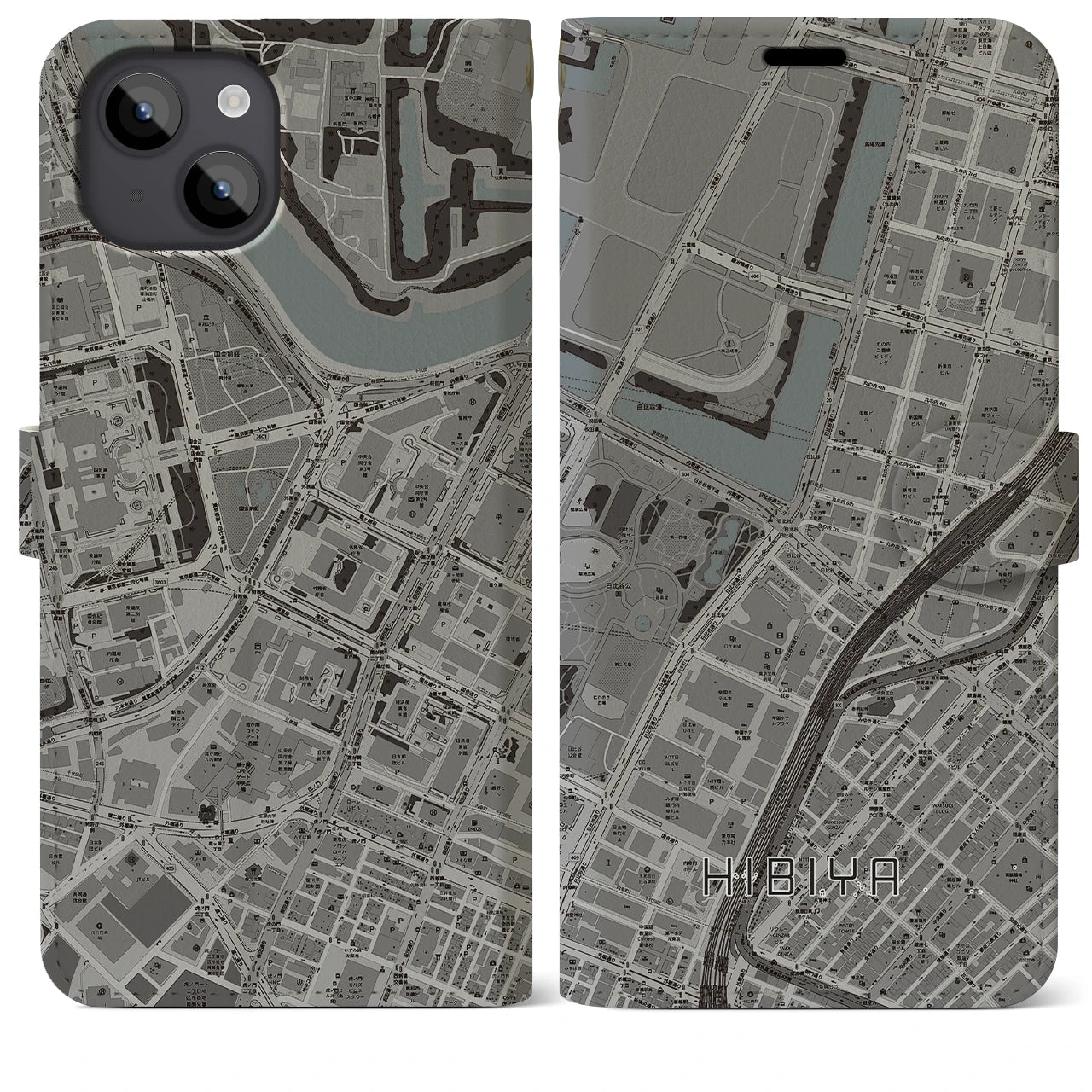 【日比谷】地図柄iPhoneケース（手帳両面タイプ・モノトーン）iPhone 14 Plus 用