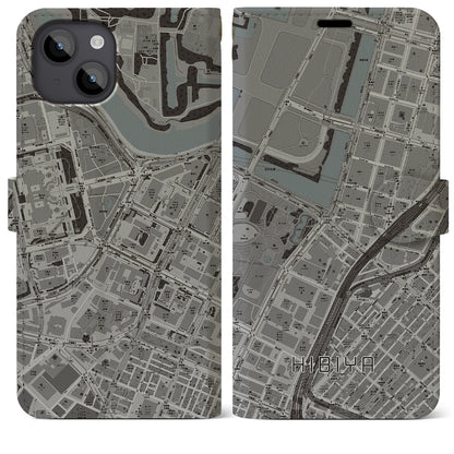 【日比谷（東京都）】地図柄iPhoneケース（手帳タイプ）モノトーン・iPhone 14 Plus 用