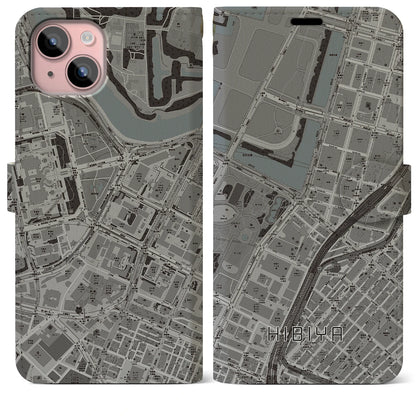 【日比谷（東京都）】地図柄iPhoneケース（手帳タイプ）モノトーン・iPhone 15 Plus 用