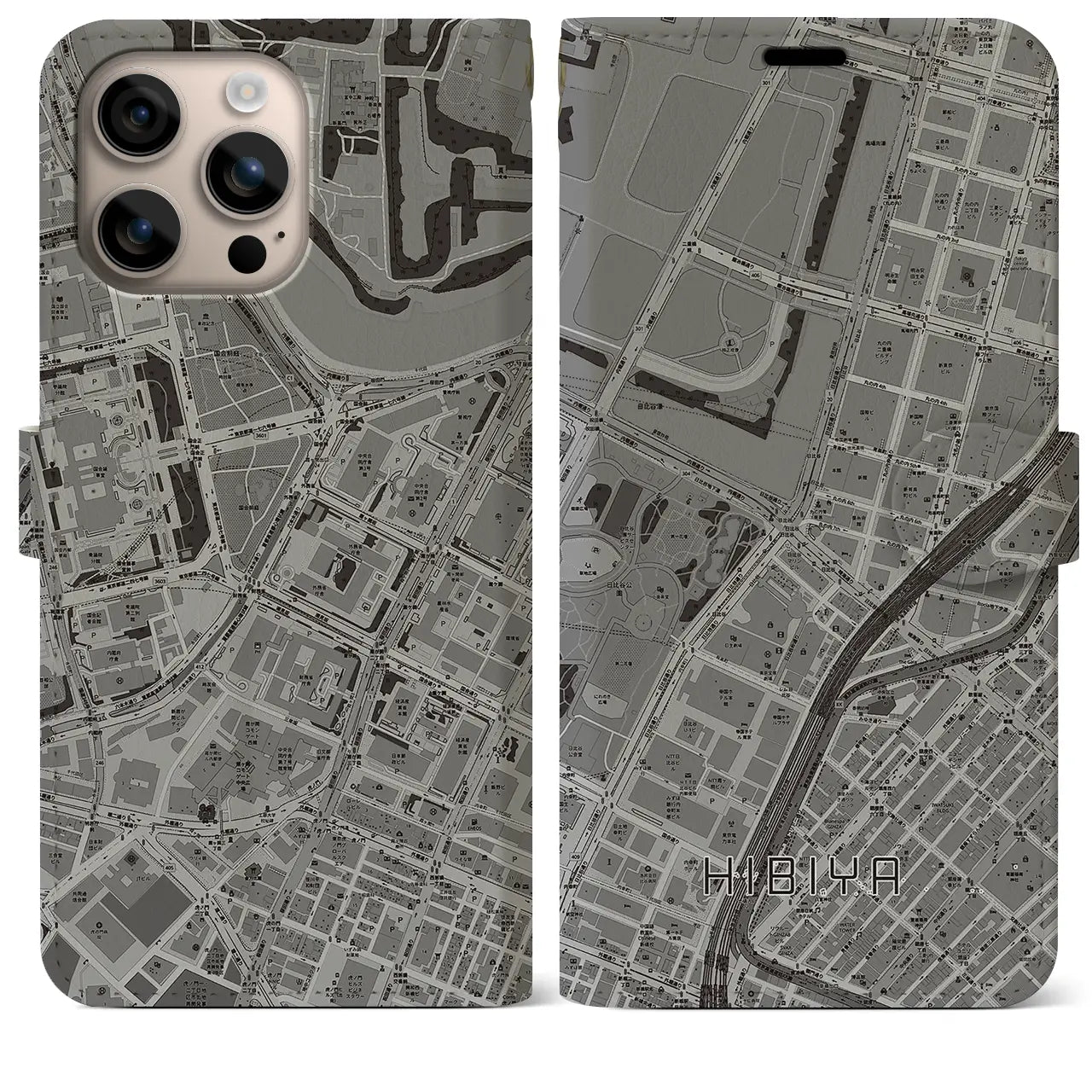 【日比谷（東京都）】地図柄iPhoneケース（手帳タイプ）モノトーン・iPhone 16 Plus 用