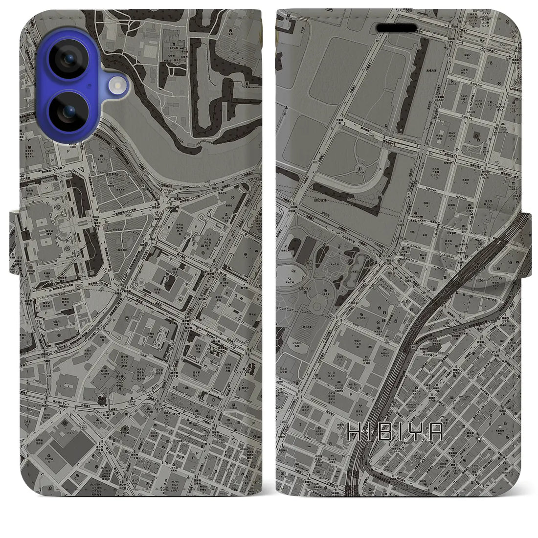 【日比谷(東京都)】地図柄iPhoneケース(手帳タイプ)モノトーン・iPhone 16 Pro Max 用