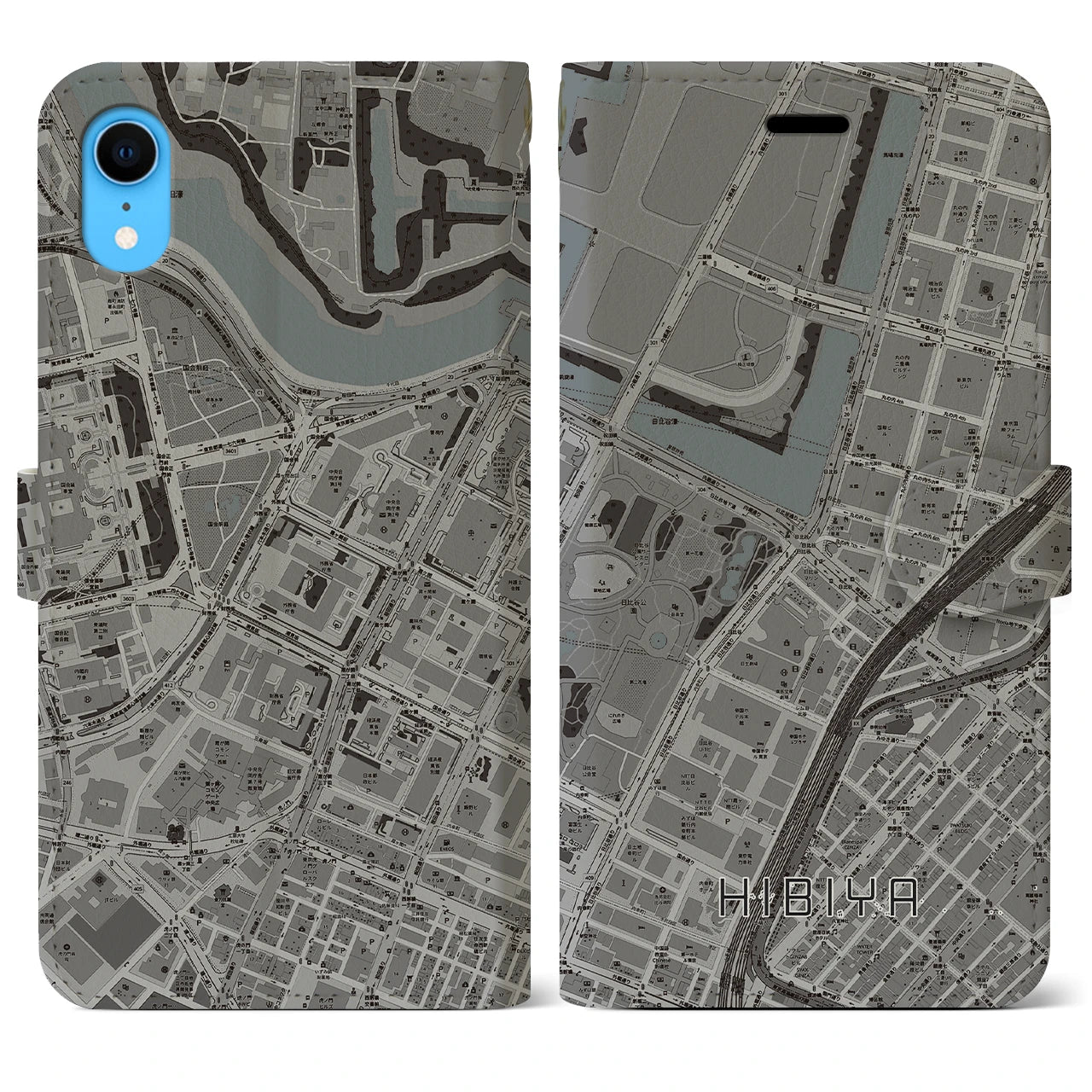 【日比谷】地図柄iPhoneケース（手帳両面タイプ・モノトーン）iPhone XR 用