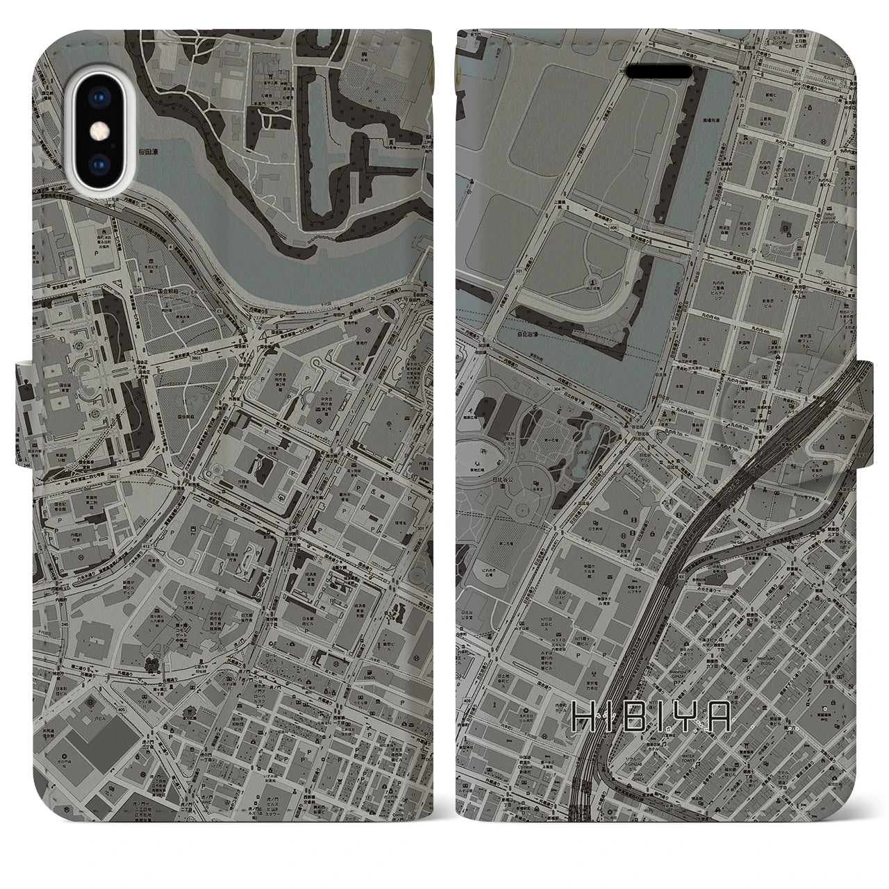 【日比谷】地図柄iPhoneケース（手帳両面タイプ・モノトーン）iPhone XS Max 用