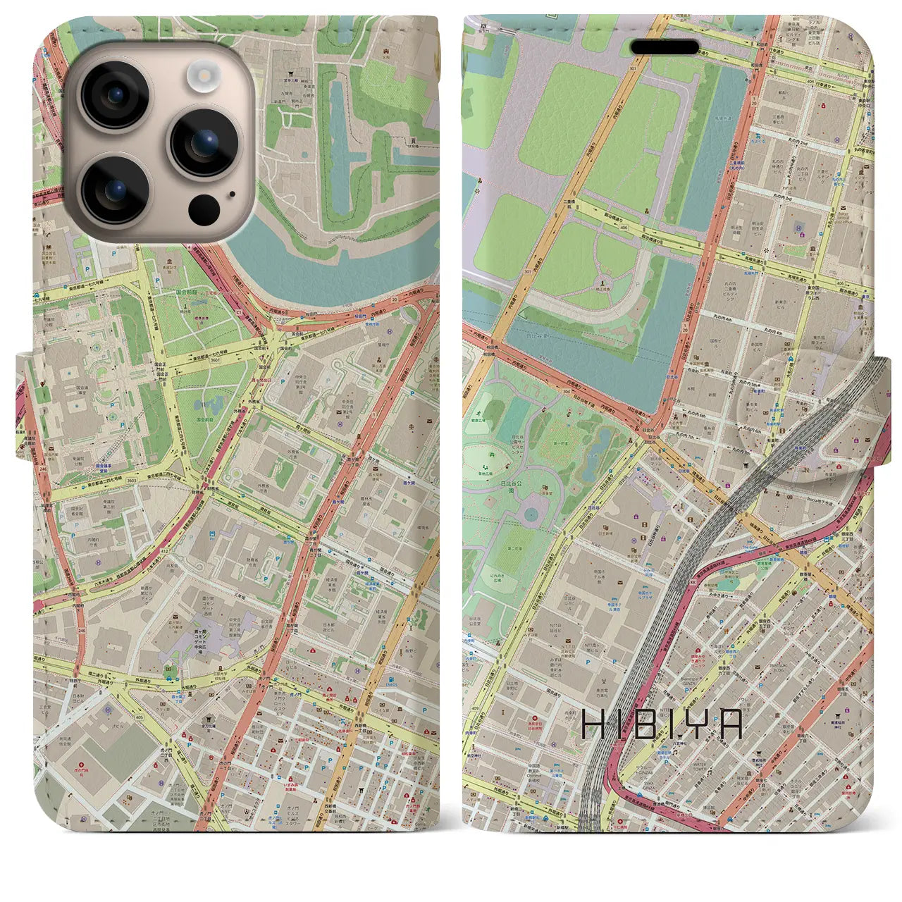 【日比谷（東京都）】地図柄iPhoneケース（手帳タイプ）ナチュラル・iPhone 16 Plus 用