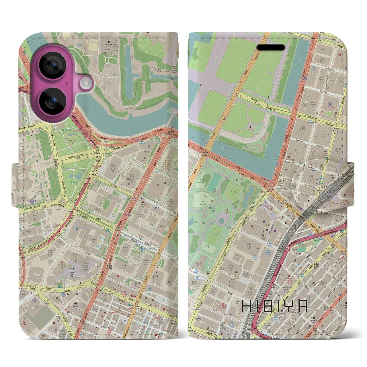 【日比谷（東京都）】地図柄iPhoneケース（手帳タイプ）ナチュラル・iPhone 16 Pro 用