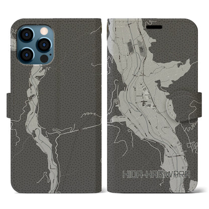 【飛騨萩原（岐阜県）】地図柄iPhoneケース（手帳タイプ）モノトーン・iPhone 12 / 12 Pro 用