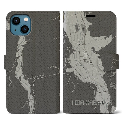 【飛騨萩原（岐阜県）】地図柄iPhoneケース（手帳タイプ）モノトーン・iPhone 13 用