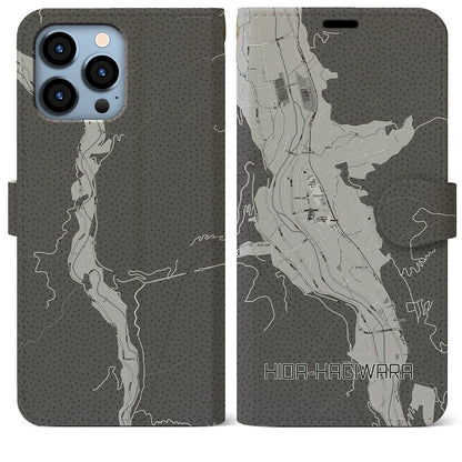 【飛騨萩原（岐阜県）】地図柄iPhoneケース（手帳タイプ）モノトーン・iPhone 13 Pro Max 用