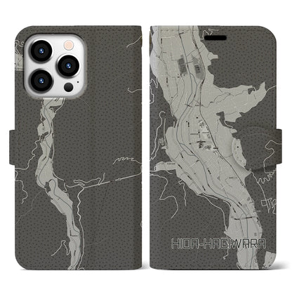 【飛騨萩原（岐阜県）】地図柄iPhoneケース（手帳タイプ）モノトーン・iPhone 13 Pro 用