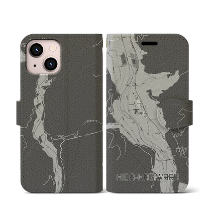 【飛騨萩原（岐阜県）】地図柄iPhoneケース（手帳タイプ）モノトーン・iPhone 13 mini 用