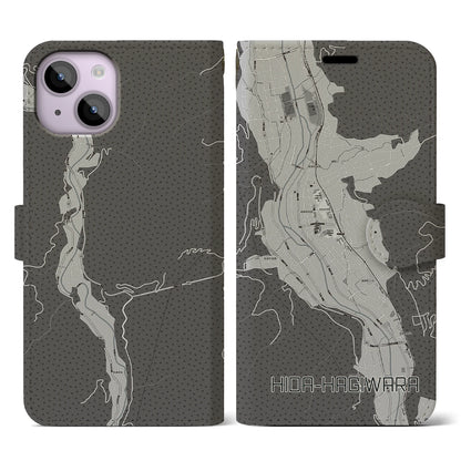 【飛騨萩原（岐阜県）】地図柄iPhoneケース（手帳タイプ）モノトーン・iPhone 14 用