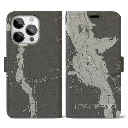 【飛騨萩原（岐阜県）】地図柄iPhoneケース（手帳タイプ）モノトーン・iPhone 14 Pro 用