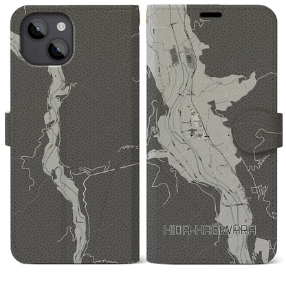 【飛騨萩原（岐阜県）】地図柄iPhoneケース（手帳タイプ）モノトーン・iPhone 14 Plus 用