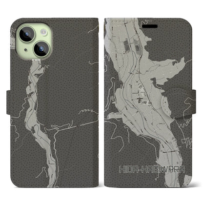 【飛騨萩原（岐阜県）】地図柄iPhoneケース（手帳タイプ）モノトーン・iPhone 15 用