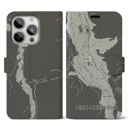 【飛騨萩原（岐阜県）】地図柄iPhoneケース（手帳タイプ）モノトーン・iPhone 15 Pro 用