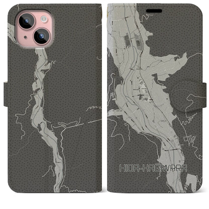 【飛騨萩原（岐阜県）】地図柄iPhoneケース（手帳タイプ）モノトーン・iPhone 15 Plus 用