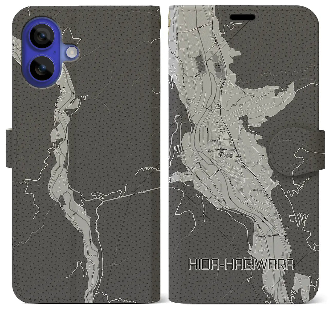 【飛騨萩原(岐阜県)】地図柄iPhoneケース(手帳タイプ)モノトーン・iPhone 16 Pro Max 用