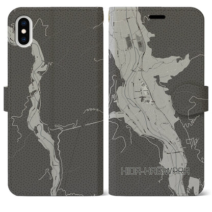 【飛騨萩原（岐阜県）】地図柄iPhoneケース（手帳タイプ）モノトーン・iPhone XS Max 用