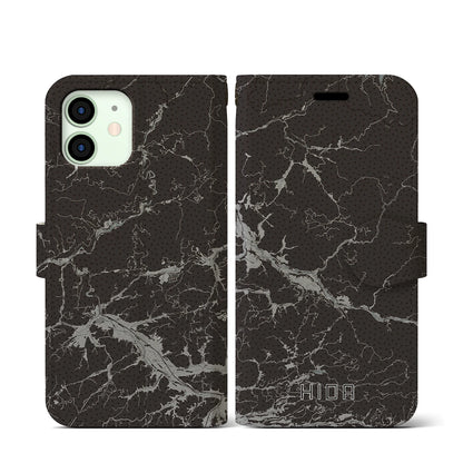 【飛騨（岐阜県）】地図柄iPhoneケース（手帳タイプ）モノトーン・iPhone 12 mini 用