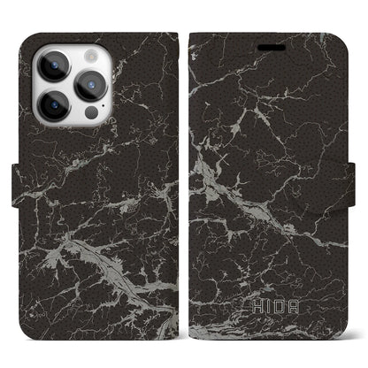 【飛騨（岐阜県）】地図柄iPhoneケース（手帳タイプ）モノトーン・iPhone 14 Pro 用