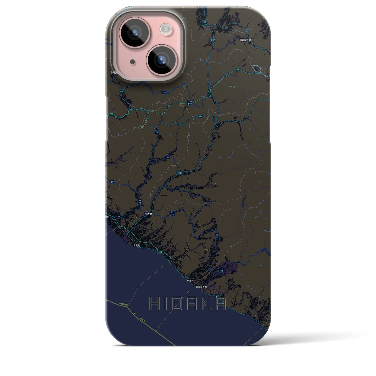 【日高（北海道）】地図柄iPhoneケース（バックカバータイプ）ブラック・iPhone 15 Plus 用