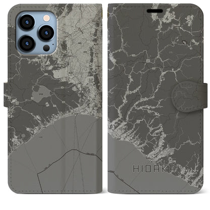 【日高（北海道）】地図柄iPhoneケース（手帳タイプ）モノトーン・iPhone 13 Pro Max 用