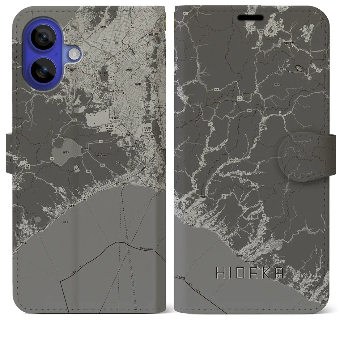 【日高(北海道)】地図柄iPhoneケース(手帳タイプ)モノトーン・iPhone 16 Pro Max 用