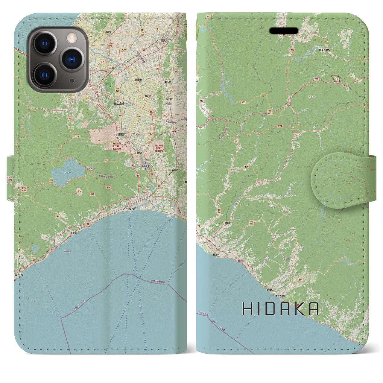 【日高（北海道）】地図柄iPhoneケース（手帳タイプ）ナチュラル・iPhone 11 Pro Max 用