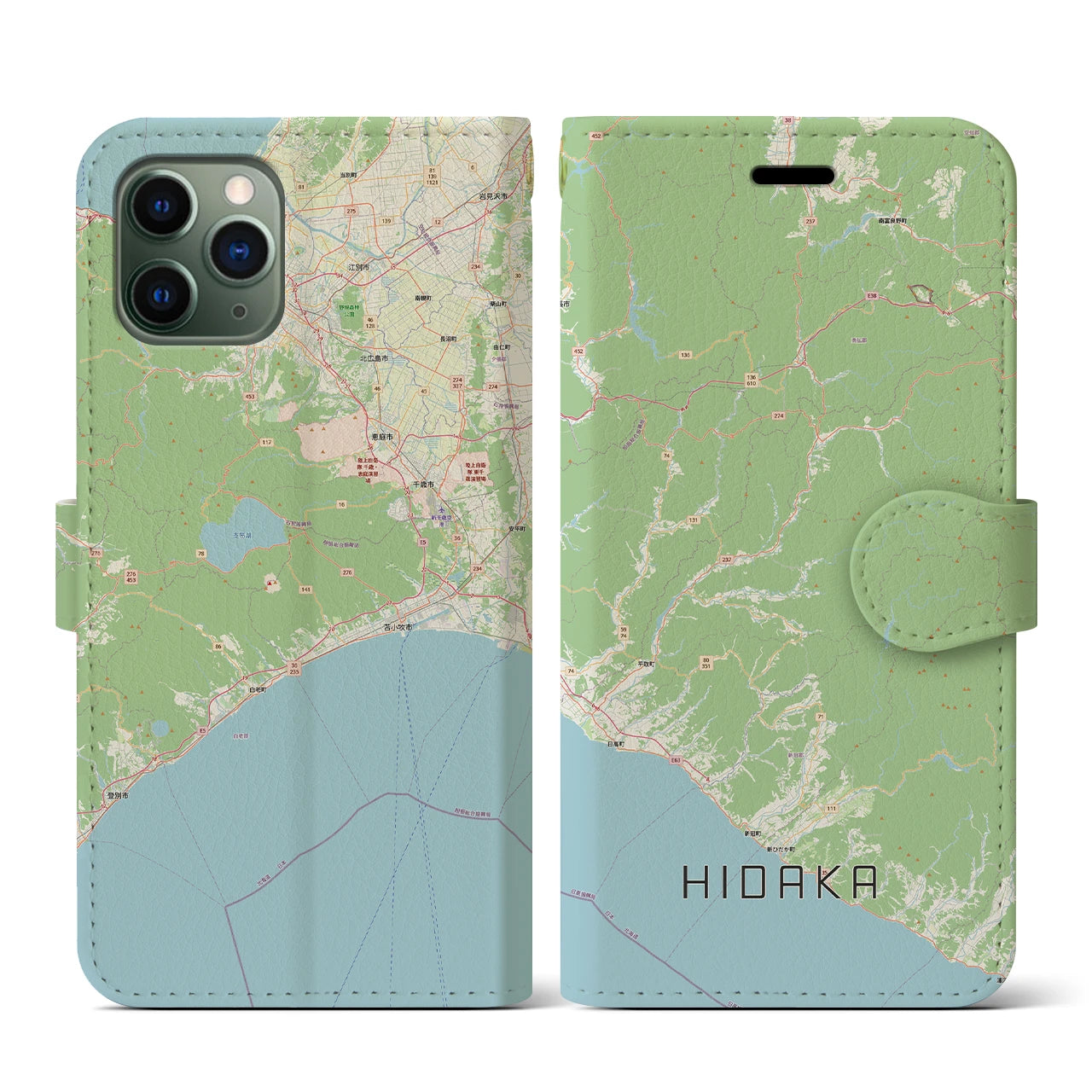 【日高（北海道）】地図柄iPhoneケース（手帳タイプ）ナチュラル・iPhone 11 Pro 用