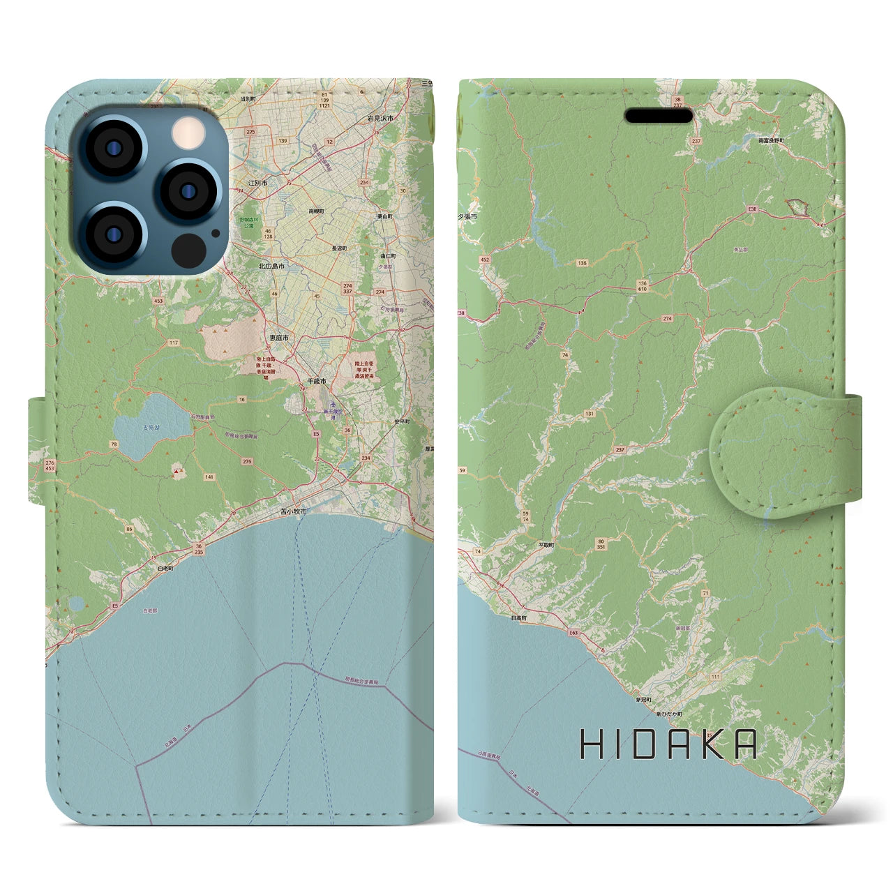 【日高（北海道）】地図柄iPhoneケース（手帳タイプ）ナチュラル・iPhone 12 / 12 Pro 用