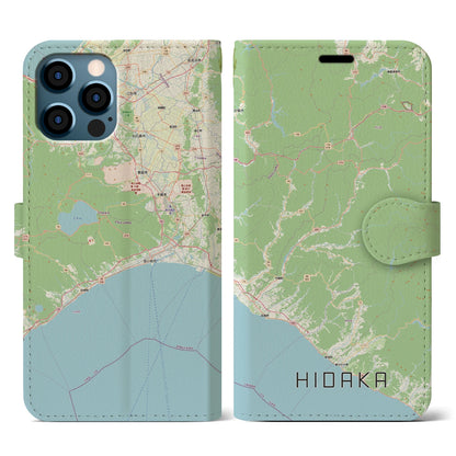 【日高（北海道）】地図柄iPhoneケース（手帳タイプ）ナチュラル・iPhone 12 / 12 Pro 用