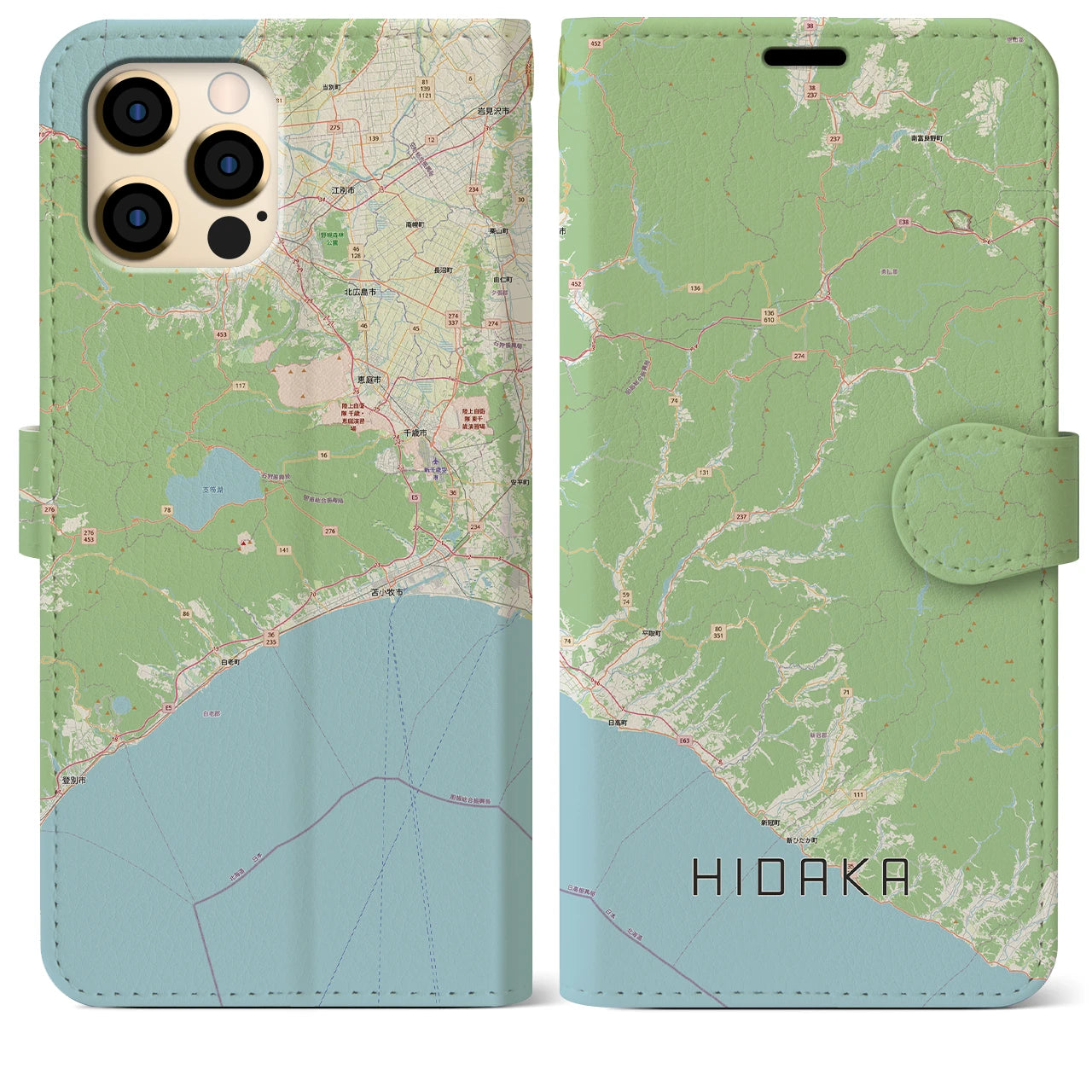 【日高（北海道）】地図柄iPhoneケース（手帳タイプ）ナチュラル・iPhone 12 Pro Max 用