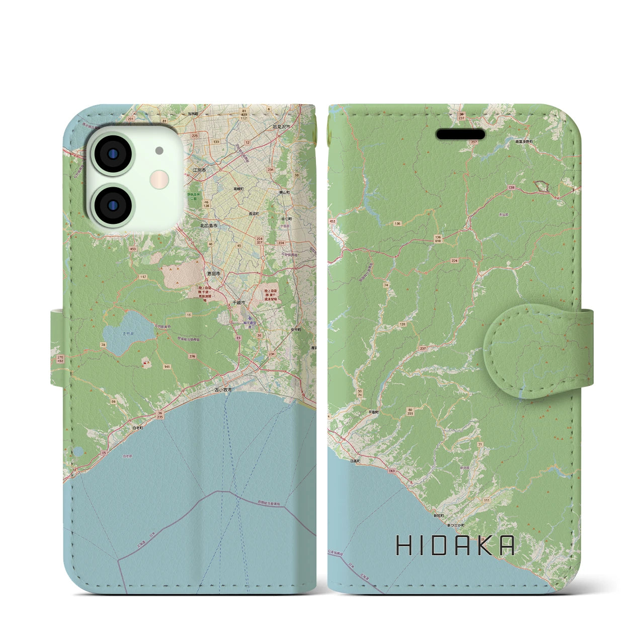 【日高（北海道）】地図柄iPhoneケース（手帳タイプ）ナチュラル・iPhone 12 mini 用