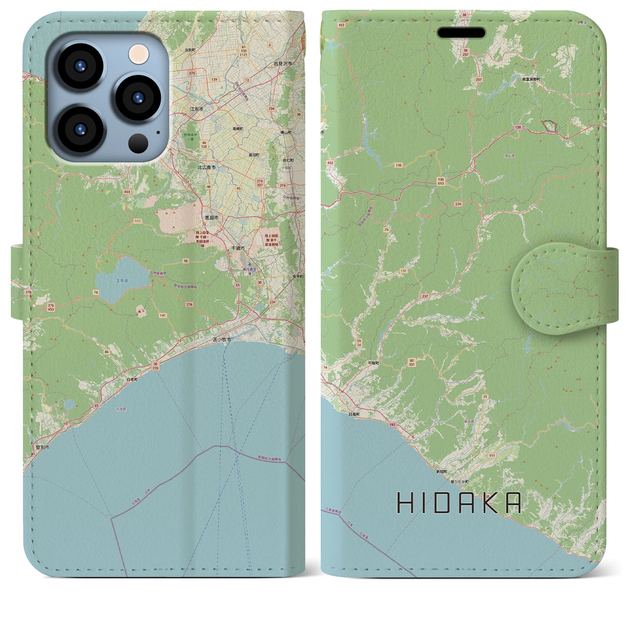 【日高（北海道）】地図柄iPhoneケース（手帳タイプ）ナチュラル・iPhone 13 Pro Max 用