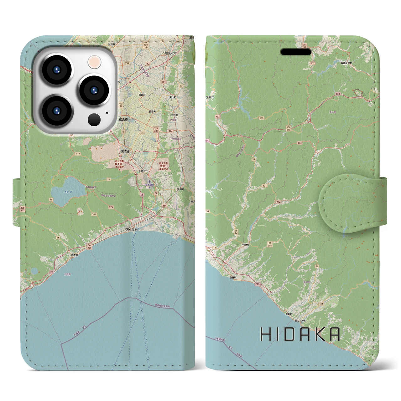 【日高（北海道）】地図柄iPhoneケース（手帳タイプ）ナチュラル・iPhone 13 Pro 用