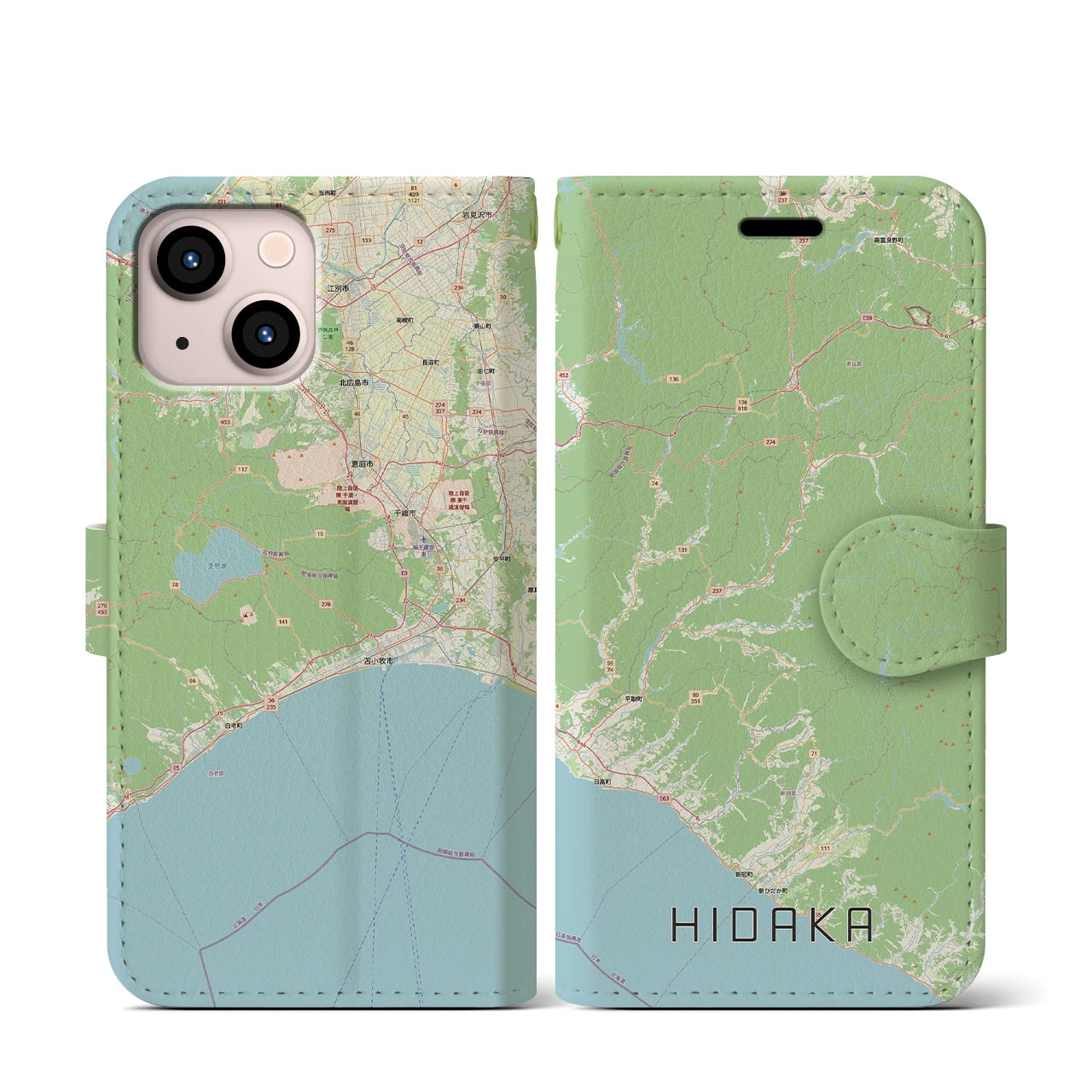 【日高（北海道）】地図柄iPhoneケース（手帳タイプ）ナチュラル・iPhone 13 mini 用