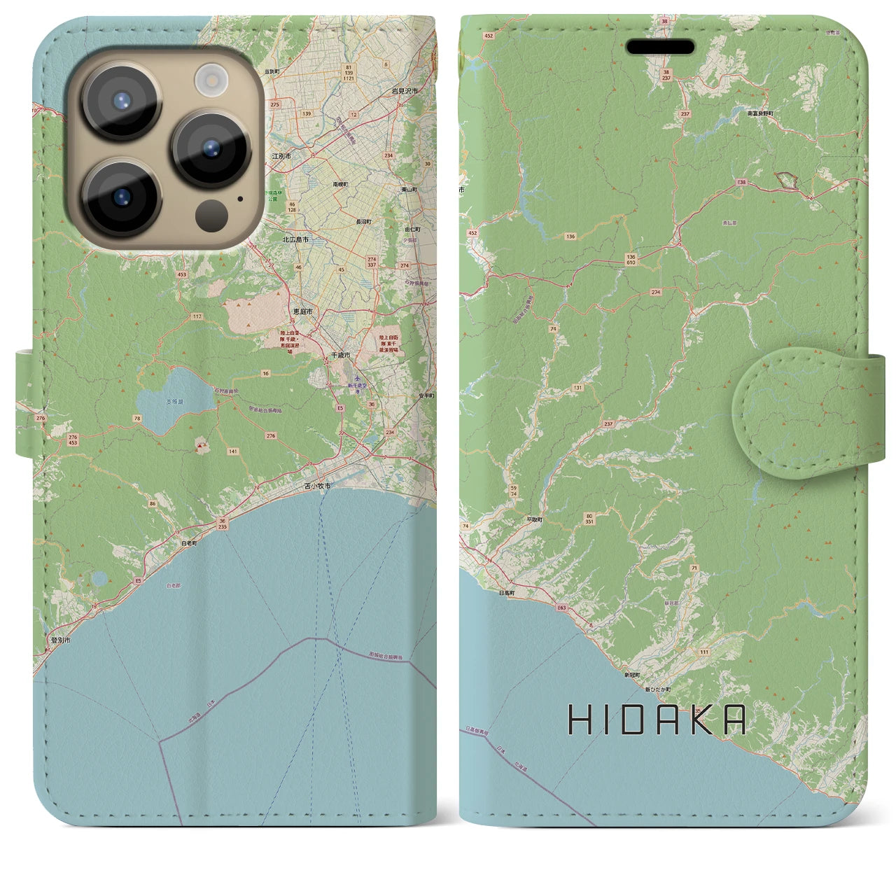 【日高（北海道）】地図柄iPhoneケース（手帳タイプ）ナチュラル・iPhone 14 Pro Max 用