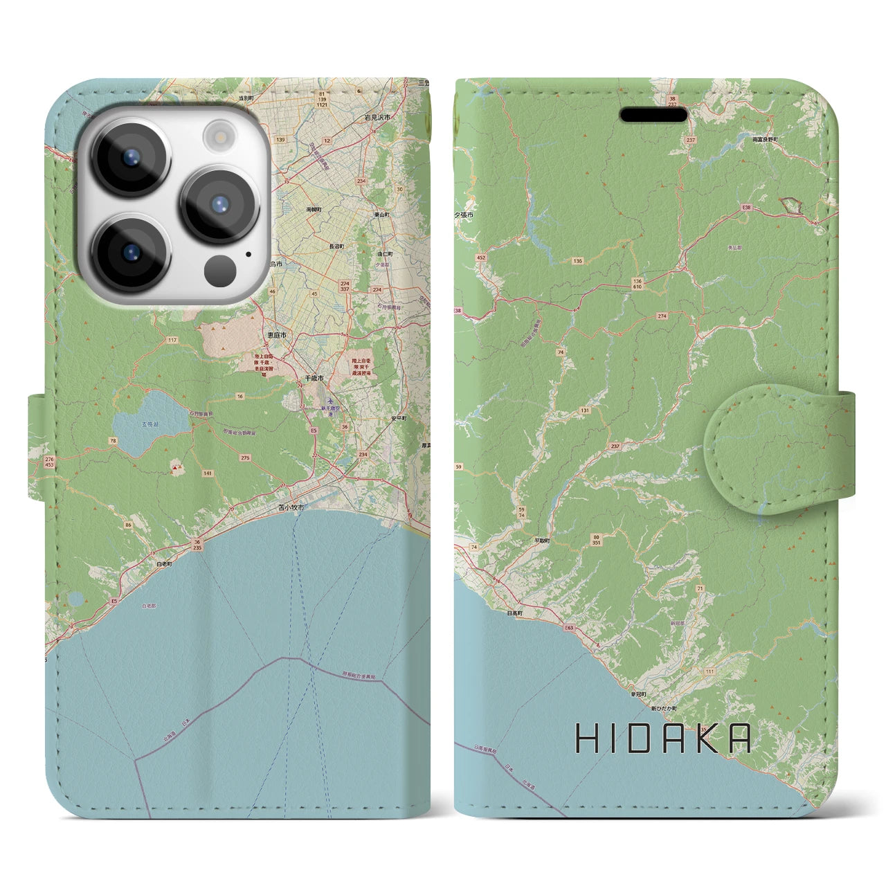 【日高（北海道）】地図柄iPhoneケース（手帳タイプ）ナチュラル・iPhone 14 Pro 用