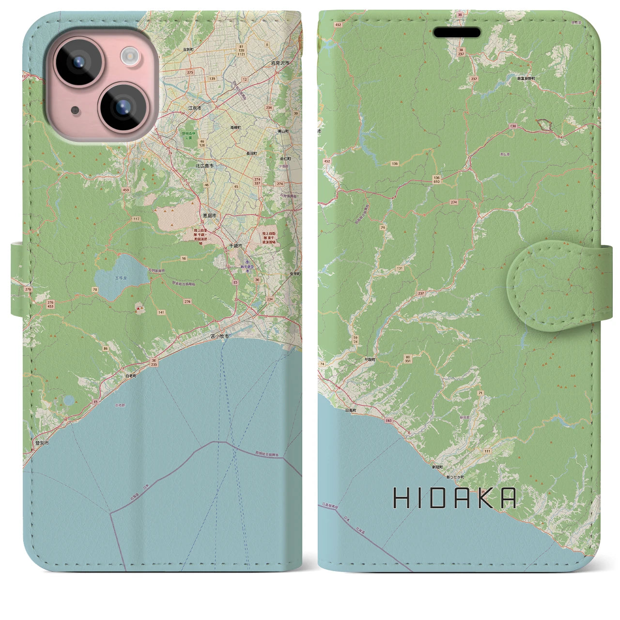 【日高（北海道）】地図柄iPhoneケース（手帳タイプ）ナチュラル・iPhone 15 Plus 用