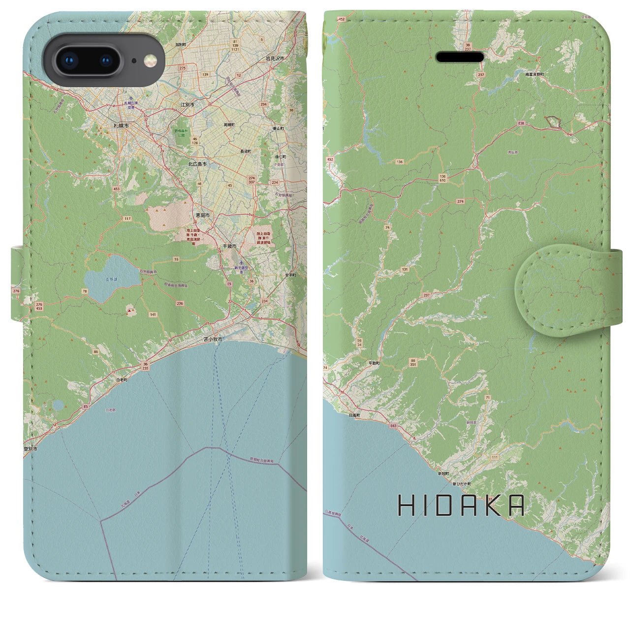 【日高（北海道）】地図柄iPhoneケース（手帳タイプ）ナチュラル・iPhone 8Plus /7Plus / 6sPlus / 6Plus 用