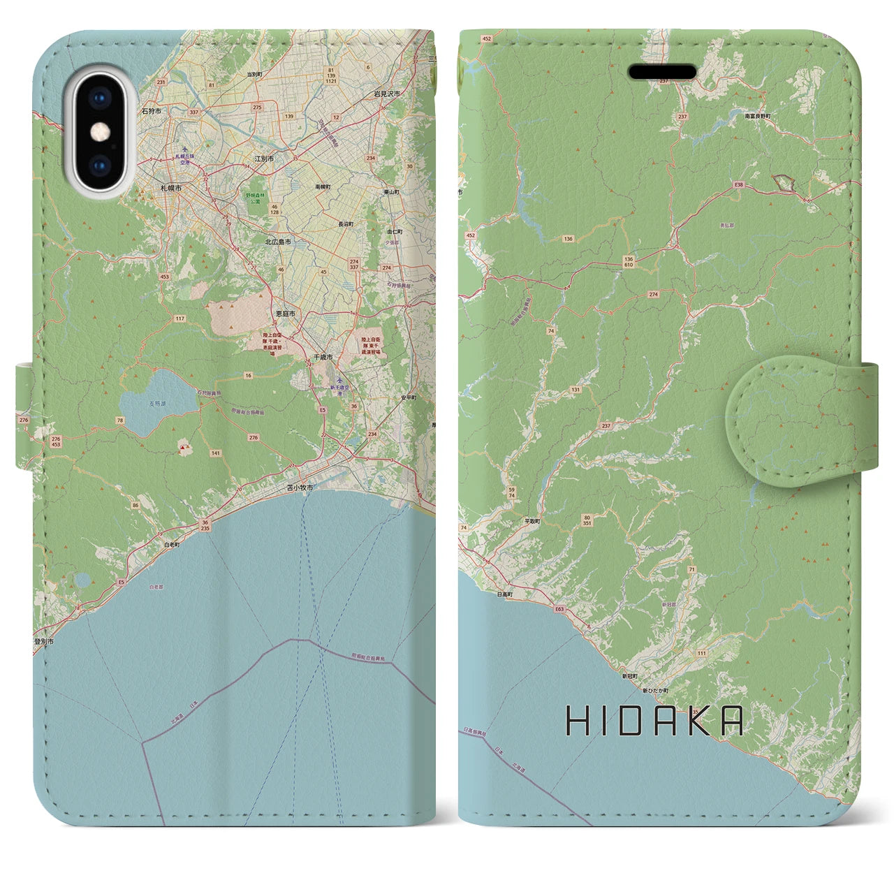 【日高（北海道）】地図柄iPhoneケース（手帳タイプ）ナチュラル・iPhone XS Max 用