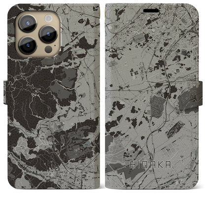 【日高（埼玉県）】地図柄iPhoneケース（手帳タイプ）モノトーン・iPhone 14 Pro Max 用