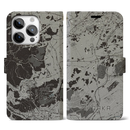 【日高（埼玉県）】地図柄iPhoneケース（手帳タイプ）モノトーン・iPhone 14 Pro 用